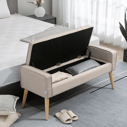 HOMCOM Banco de Armazenamento Baú de Armazenamento Estofado em Linho com Tampa Abatível e Pés de Madeira para Dormitório Sala de Estar Entrada Carga 120kg 120x45x54 cm Bege