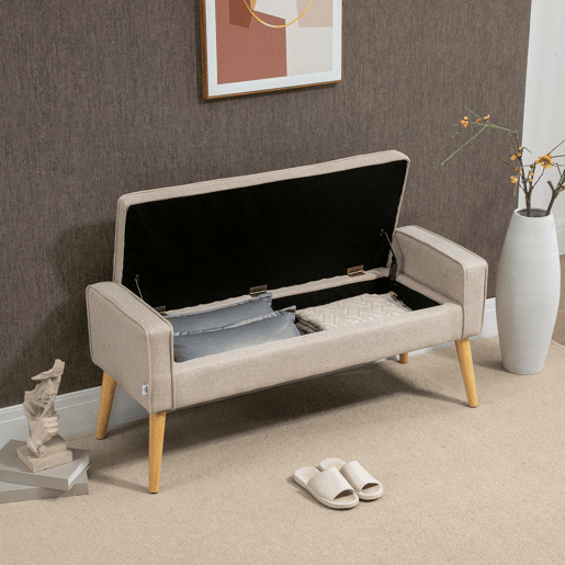 HOMCOM Banco de Armazenamento Baú de Armazenamento Estofado em Linho com Tampa Abatível e Pés de Madeira para Dormitório Sala de Estar Entrada Carga 120kg 120x45x54 cm Bege