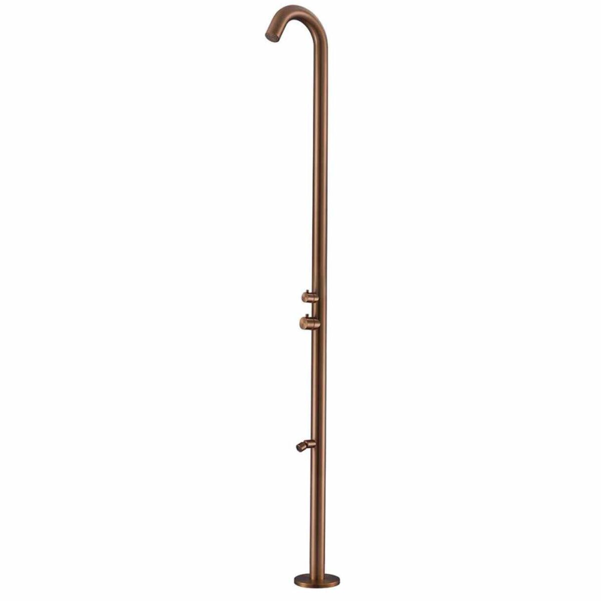 Ducha de exterior quartu en acero aisi inox 316l oro rpsa. ducha con entrada de agua caliente y fría diámetro del tambor 60 mm h 2289 mm. con cabezal desviador ducha y lavapiés en acero inoxidable aisi 316l conexiones ocultas en la base con sistema c-box