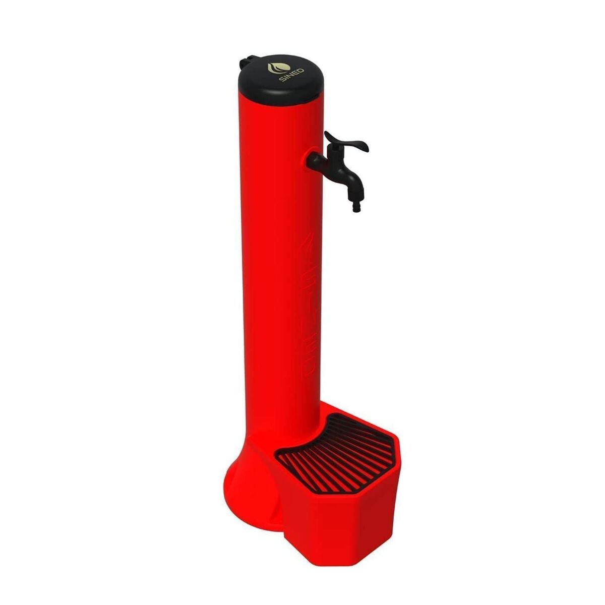Fuente y cubo de exterior de color rojo con 5 litros de capacidad, rejilla recogehojas de aluminio doble conexión de agua en el lateral y en el fondo. fabricado en polietileno de alta resistencia. grifo de aleación metálica negra con acoplamiento rápido p