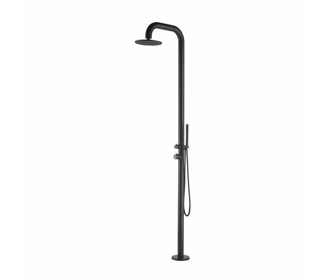 Ducha de piscina pula nera con rociador de 25 cm de diámetro ducha de jardín con mezclador y teleducha cuerpo y accesorios en acero inoxidable marino aisi 316l. ducha con suministro de agua caliente y fría conexiones ocultas en la base
