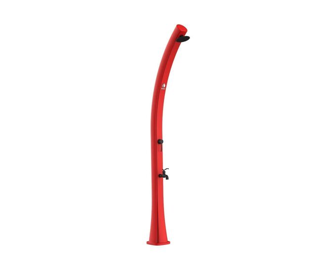 Ducha solar curva de polietileno hd para jardín y piscina altura 226 cm ducha redonda diámetro 15,24 cm depósito 25 litros grifo lavapiés accesorios metálicos color negro. filtro antical y tapa de ducha.