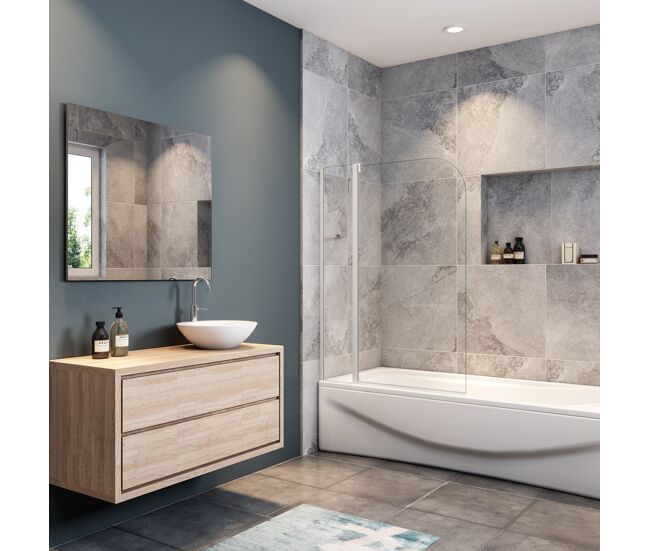Mampara de bañera abatible,vidrio templado 4mm,blanco/gris mate, (99-100)x140cm