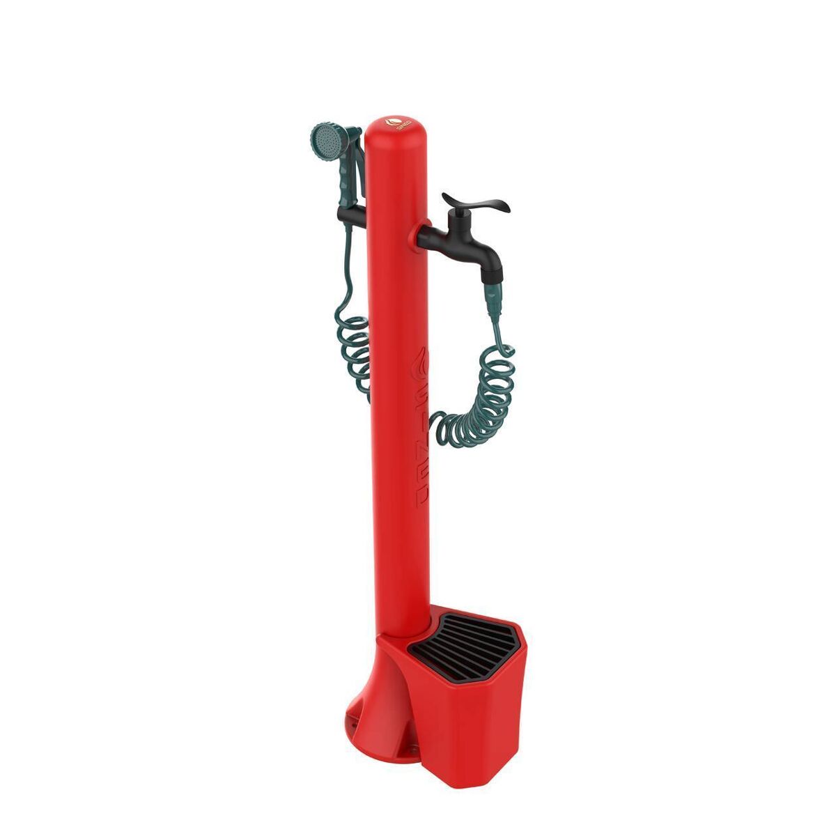Fuente y cubo de jardín blanco con capacidad de 5 litros y recogedor de hojas de hierro fundido. conexión lateral de agua. kit fabricado en polietileno de alta resistencia. manguera externa de 7,5 m y pistola con 8 chorros diferentes.