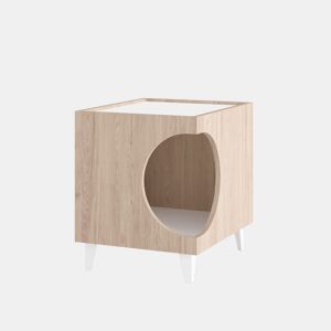 Mesa Animal Ellie - Mesa de Cabeceira para Animais - CarvalhoBranco, orifício de entrada lateral, 1 porta. para Caixa de Areia - Sala de Estar e Quarto de Banho.
