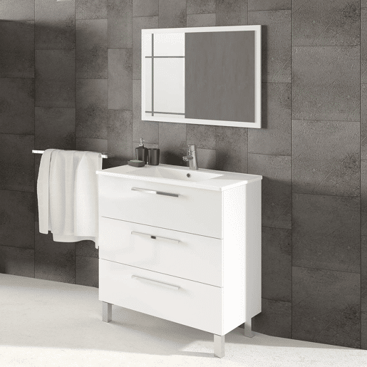 Móveis de casa de banho Alise 3 gavetas espelhadas, sem lavatório, Branco brilhante