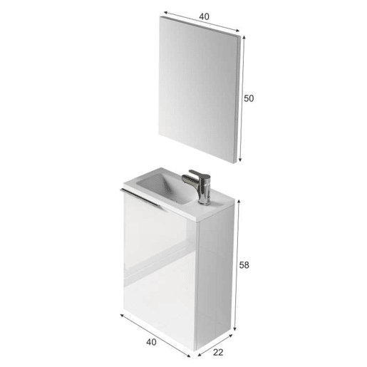 Elsa móvel de casa de banho 1 porta, espelho e lavatório, Branco brilhante