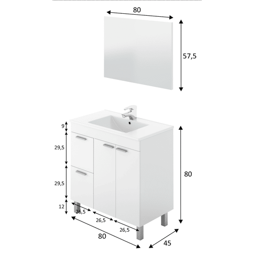 Móvel de casa de banho Adam 2 portas 2 gavetas espelho, sem lavatório, branco brilhante