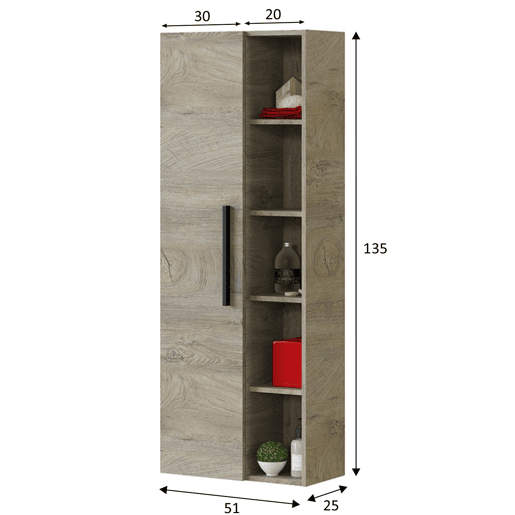 Armário de casa de banho Alise 1 porta 5 compartimentos, Alasca, 135 cm