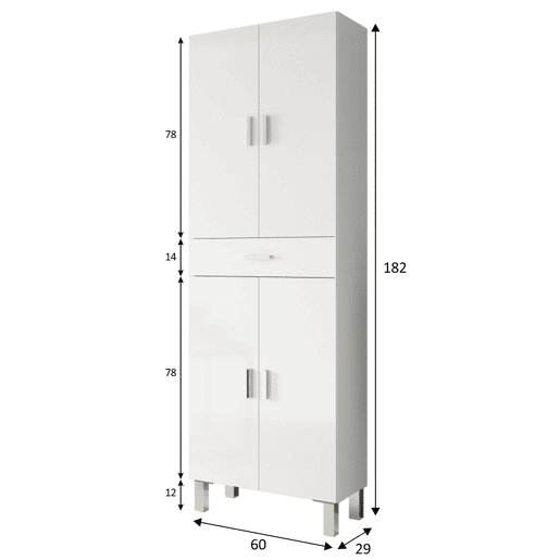 Armário de casa de banho Alan 4 portas 1 gaveta, Branco brilhante, 182 cm