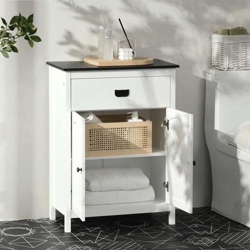 kleankin Armário Casa de Banho Móvel de Casa de Banho Auxiliar com 1 Gaveta 2 Portas e Prateleira Ajustável Estilo Moderno 60x30x80cm Branco e Preto