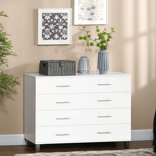 HOMCOM Cómoda com 4 Gavetas Cómoda de Dormitório com Pés de Estilo Moderno para Sala de Estar Entrada Corredor 112x38,2x81cm Branco