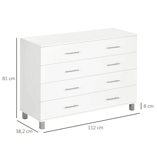 HOMCOM Cómoda com 4 Gavetas Cómoda de Dormitório com Pés de Estilo Moderno para Sala de Estar Entrada Corredor 112x38,2x81cm Branco
