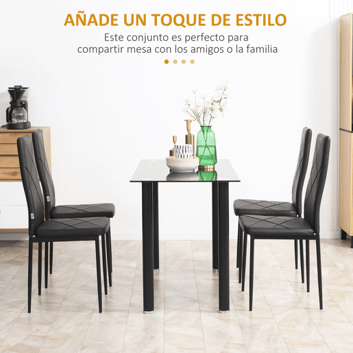HOMCOM Conjunto de 4 Cadeiras de Sala de Jantar Estofadas em Couro Sintético Cadeiras de Cozinha com Encosto Alto e Pés de Aço Carga Máxima 120kg 41x50x97cm Preto
