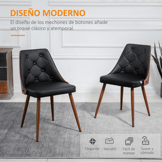 HOMCOM Conjunto de 2 Cadeiras de Sala de Jantar Cadeiras de Cozinha com Assento Estofado em PU e Pés de Madeira para Escritório Dormitório Carga Máxima 120kg 50,5x59x82cm Preto e Nogueira