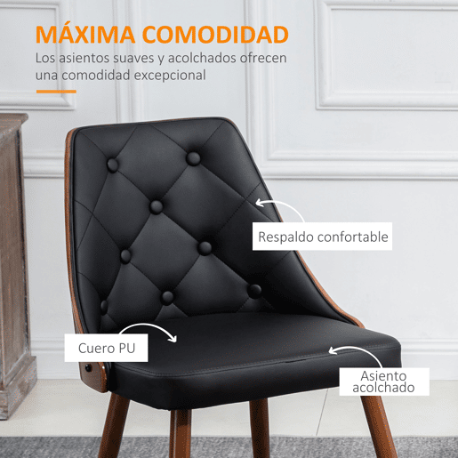 HOMCOM Conjunto de 2 Cadeiras de Sala de Jantar Cadeiras de Cozinha com Assento Estofado em PU e Pés de Madeira para Escritório Dormitório Carga Máxima 120kg 50,5x59x82cm Preto e Nogueira