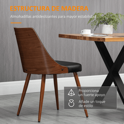 HOMCOM Conjunto de 2 Cadeiras de Sala de Jantar Cadeiras de Cozinha com Assento Estofado em PU e Pés de Madeira para Escritório Dormitório Carga Máxima 120kg 50,5x59x82cm Preto e Nogueira