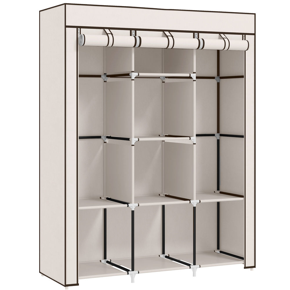 Homcom armario de tela plegable, armario portátil con 2 barras para colgar, 8 estantes, marco de acero, para dormitorio, vestidor, 125x43x162,5 cm, crema