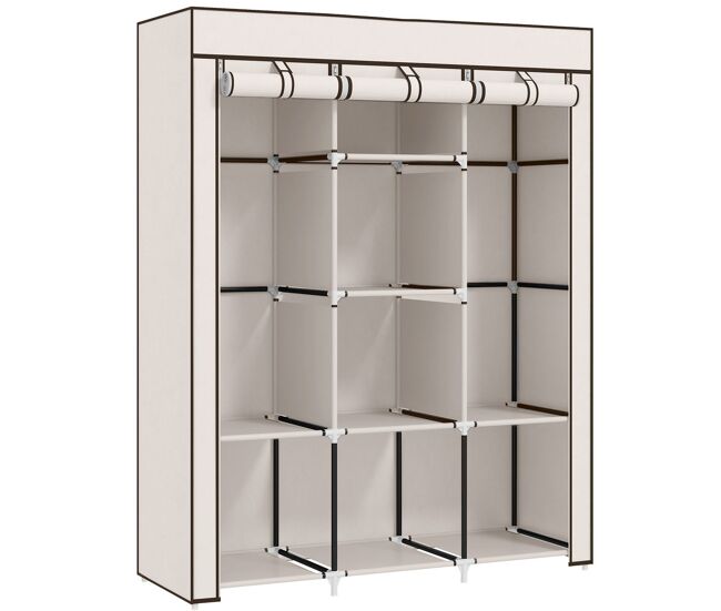 Homcom armario de tela plegable, armario portátil con 2 barras para colgar, 8 estantes, marco de acero, para dormitorio, vestidor, 125x43x162,5 cm, crema