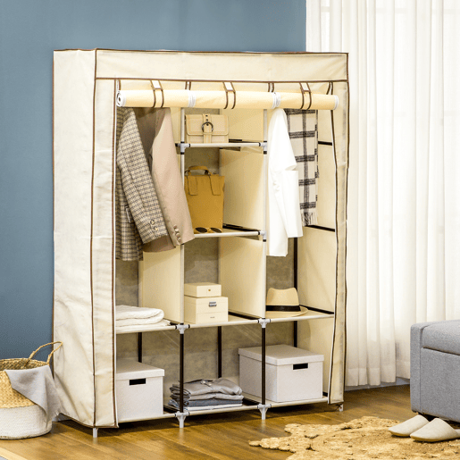 HOMCOM Roupeiro de Tecido Dobrável Armário Portátil com 8 Prateleiras de Armazenamento e 2 Barras de Pendurar Organizador de Roupa para Dormitório Vestidor 125x43x162,5cm Creme