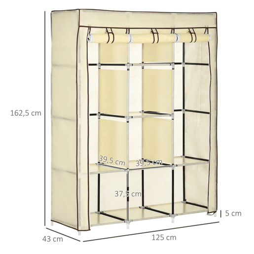 HOMCOM Roupeiro de Tecido Dobrável Armário Portátil com 8 Prateleiras de Armazenamento e 2 Barras de Pendurar Organizador de Roupa para Dormitório Vestidor 125x43x162,5cm Creme
