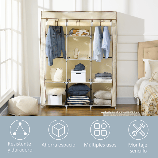 HOMCOM Roupeiro de Tecido Dobrável Armário Portátil com 8 Prateleiras de Armazenamento e 2 Barras de Pendurar Organizador de Roupa para Dormitório Vestidor 125x43x162,5cm Creme