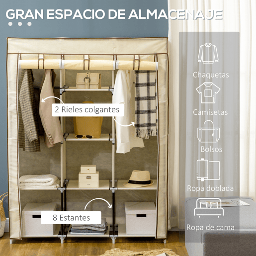HOMCOM Roupeiro de Tecido Dobrável Armário Portátil com 8 Prateleiras de Armazenamento e 2 Barras de Pendurar Organizador de Roupa para Dormitório Vestidor 125x43x162,5cm Creme