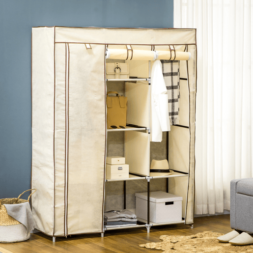 HOMCOM Roupeiro de Tecido Dobrável Armário Portátil com 8 Prateleiras de Armazenamento e 2 Barras de Pendurar Organizador de Roupa para Dormitório Vestidor 125x43x162,5cm Creme