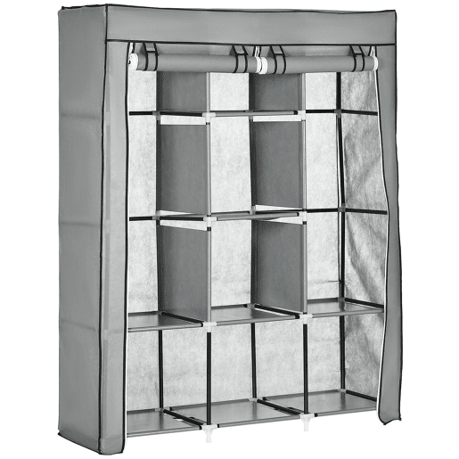 HOMCOM Roupeiro de Tecido Dobrável Armário Portátil com 8 Prateleiras de Armazenamento e 2 Barras de Pendurar Organizador de Roupa para Dormitório Vestidor 125x43x162,5cm Cinza Claro