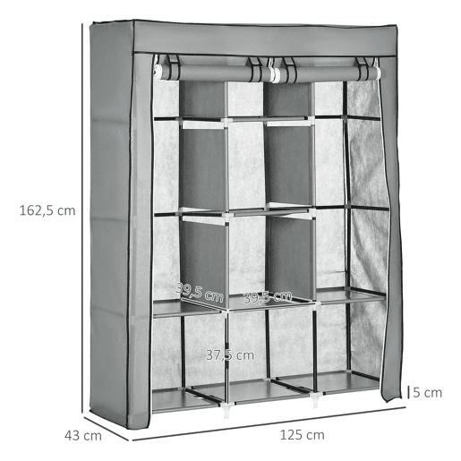 HOMCOM Roupeiro de Tecido Dobrável Armário Portátil com 8 Prateleiras de Armazenamento e 2 Barras de Pendurar Organizador de Roupa para Dormitório Vestidor 125x43x162,5cm Cinza Claro