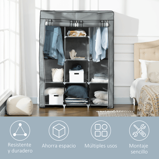 HOMCOM Roupeiro de Tecido Dobrável Armário Portátil com 8 Prateleiras de Armazenamento e 2 Barras de Pendurar Organizador de Roupa para Dormitório Vestidor 125x43x162,5cm Cinza Claro