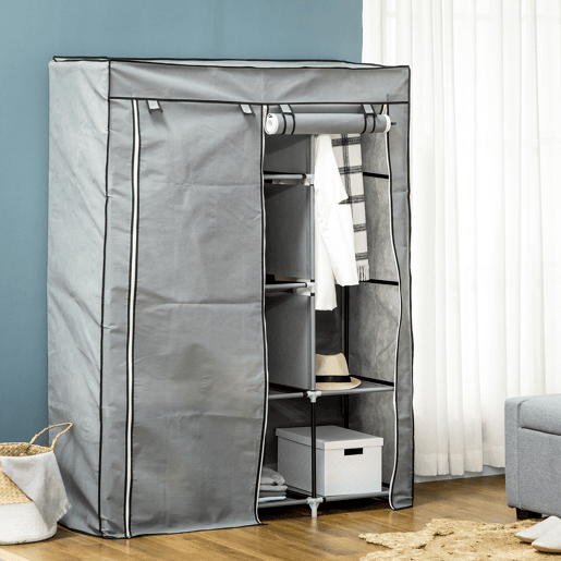 HOMCOM Roupeiro de Tecido Dobrável Armário Portátil com 8 Prateleiras de Armazenamento e 2 Barras de Pendurar Organizador de Roupa para Dormitório Vestidor 125x43x162,5cm Cinza Claro