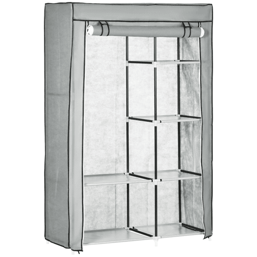 HOMCOM Roupeiro de Tecido Dobrável Armário de Roupa Portátil com 6 Prateleiras e 1 Barra de Pendurar para Dormitório Vestidor 103x43x162,5cm Cinza