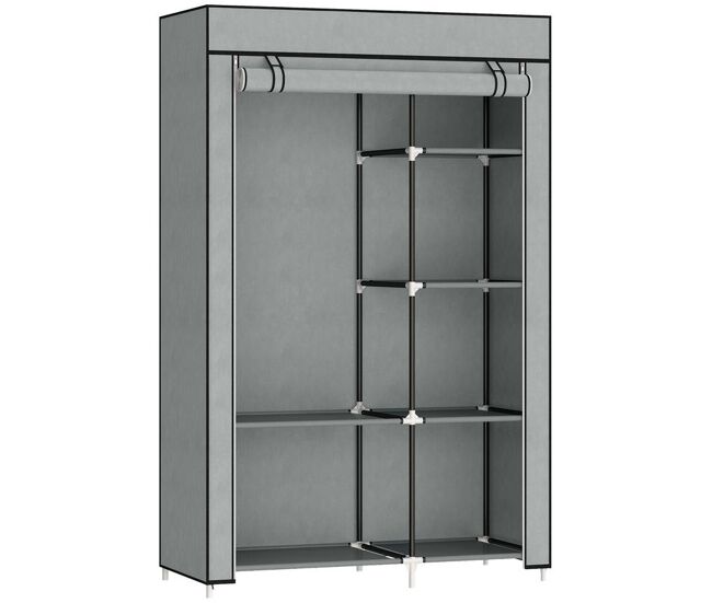 Homcom armario de tela, armario portátil, con barra para colgar, 6 estantes, marco de acero, para dormitorio, vestidor, 103x43x162,5 cm, gris claro