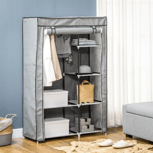 HOMCOM Roupeiro de Tecido Dobrável Armário de Roupa Portátil com 6 Prateleiras e 1 Barra de Pendurar para Dormitório Vestidor 103x43x162,5cm Cinza