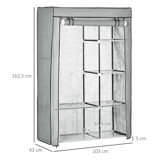 HOMCOM Roupeiro de Tecido Dobrável Armário de Roupa Portátil com 6 Prateleiras e 1 Barra de Pendurar para Dormitório Vestidor 103x43x162,5cm Cinza