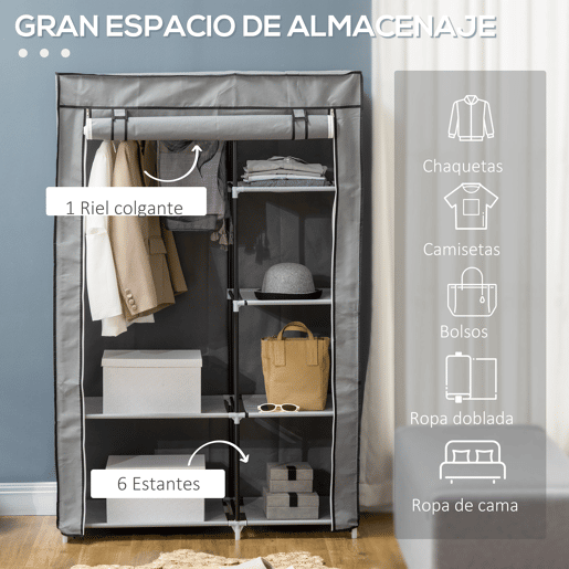 HOMCOM Roupeiro de Tecido Dobrável Armário de Roupa Portátil com 6 Prateleiras e 1 Barra de Pendurar para Dormitório Vestidor 103x43x162,5cm Cinza