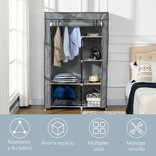 HOMCOM Roupeiro de Tecido Dobrável Armário de Roupa Portátil com 6 Prateleiras e 1 Barra de Pendurar para Dormitório Vestidor 103x43x162,5cm Cinza