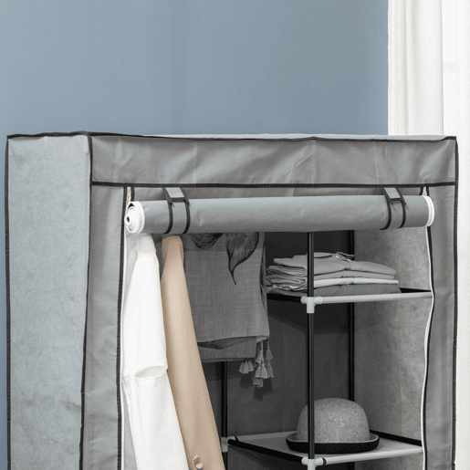 HOMCOM Roupeiro de Tecido Dobrável Armário de Roupa Portátil com 6 Prateleiras e 1 Barra de Pendurar para Dormitório Vestidor 103x43x162,5cm Cinza