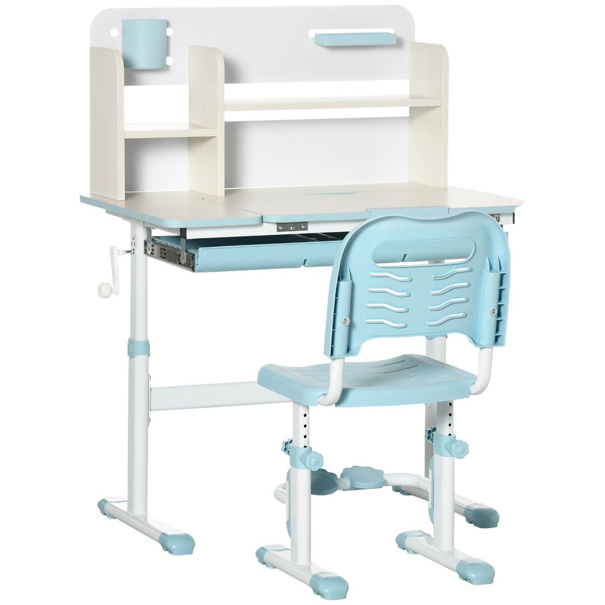 Homcom juego de escritorio y silla para niños de +3 años con altura ajustable pupitre infantil con tablero de mesa inclinable cajón y estantería para libros 80x52x88-109 cm y 35,5x44,5x66-80 cm azul