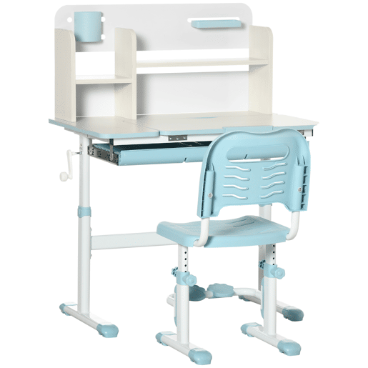 HOMCOM Conjunto de Secretária e Cadeira para Crianças acima de 3 Anos com Altura Ajustável Secretária Infantil com Bancada Inclinável Gaveta e Prateleira para Livros 80x52x88x109cm e 35,5x44,5x66-80cm Azul