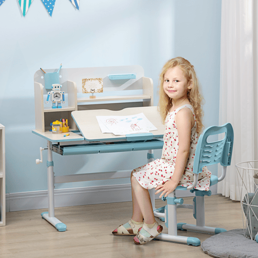 HOMCOM Conjunto de Secretária e Cadeira para Crianças acima de 3 Anos com Altura Ajustável Secretária Infantil com Bancada Inclinável Gaveta e Prateleira para Livros 80x52x88x109cm e 35,5x44,5x66-80cm Azul