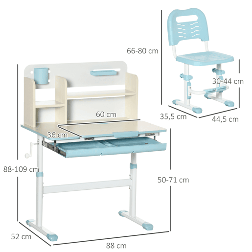 HOMCOM Conjunto de Secretária e Cadeira para Crianças acima de 3 Anos com Altura Ajustável Secretária Infantil com Bancada Inclinável Gaveta e Prateleira para Livros 80x52x88x109cm e 35,5x44,5x66-80cm Azul
