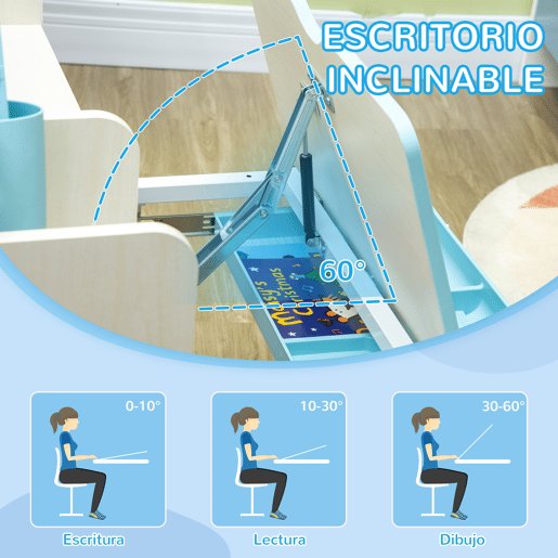 HOMCOM Conjunto de Secretária e Cadeira para Crianças acima de 3 Anos com Altura Ajustável Secretária Infantil com Bancada Inclinável Gaveta e Prateleira para Livros 80x52x88x109cm e 35,5x44,5x66-80cm Azul