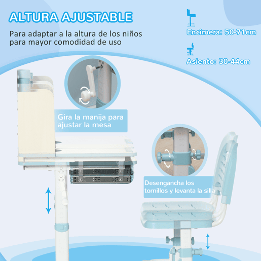 HOMCOM Conjunto de Secretária e Cadeira para Crianças acima de 3 Anos com Altura Ajustável Secretária Infantil com Bancada Inclinável Gaveta e Prateleira para Livros 80x52x88x109cm e 35,5x44,5x66-80cm Azul