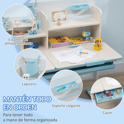 HOMCOM Conjunto de Secretária e Cadeira para Crianças acima de 3 Anos com Altura Ajustável Secretária Infantil com Bancada Inclinável Gaveta e Prateleira para Livros 80x52x88x109cm e 35,5x44,5x66-80cm Azul