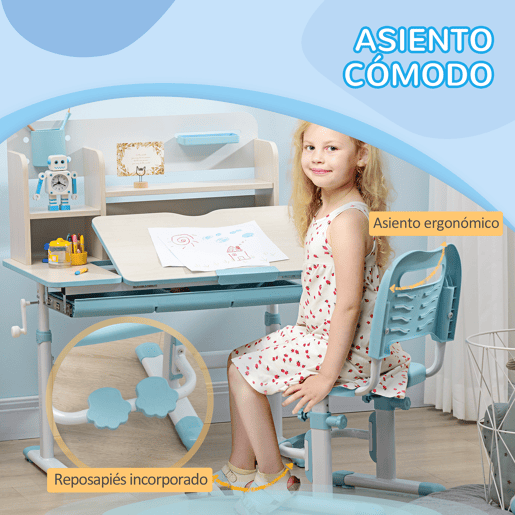 HOMCOM Conjunto de Secretária e Cadeira para Crianças acima de 3 Anos com Altura Ajustável Secretária Infantil com Bancada Inclinável Gaveta e Prateleira para Livros 80x52x88x109cm e 35,5x44,5x66-80cm Azul