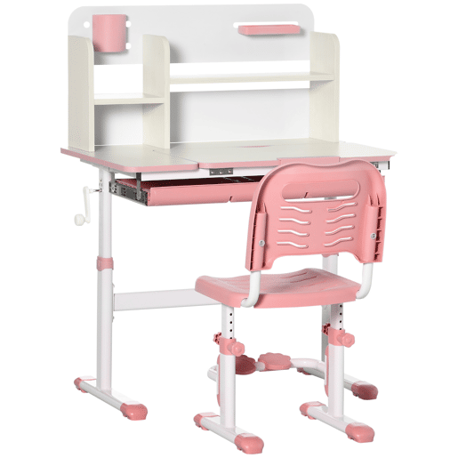 HOMCOM Conjunto de Secretária e Cadeira para Crianças acima de 3 Anos com Altura Ajustável Secretária Infantil com Bancada Inclinável Gaveta e Prateleira para Livros 80x52x88x109cm e 35,5x44,5x66-80cm Rosa