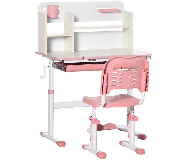 Homcom juego de escritorio y silla para niños de +3 años con altura ajustable pupitre infantil con tablero de mesa inclinable cajón y estantería para libros 80x52x88-109 cm y 35,5x44,5x66-80 cm rosa