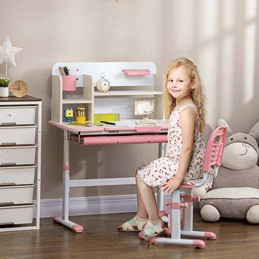 HOMCOM Conjunto de Secretária e Cadeira para Crianças acima de 3 Anos com Altura Ajustável Secretária Infantil com Bancada Inclinável Gaveta e Prateleira para Livros 80x52x88x109cm e 35,5x44,5x66-80cm Rosa